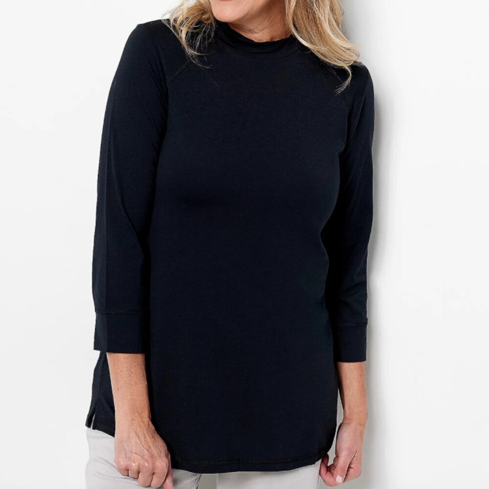 LOGO BY LORI GOLDSTEIN Principles 3/4 Sleeve Mock Neck Top Solid Black Cotton S